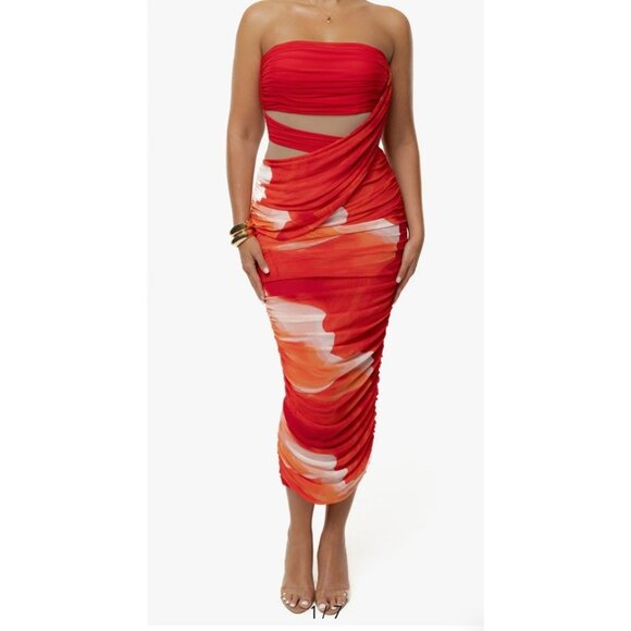 NWT Red Ruched Strapless Body-Con Midi  JLUXLABEL $100.00 Size Small S - Picture 1 of 8